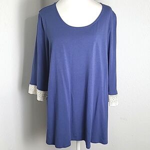 Woman Within Blue Tunic Top,  2" White Embroidered Band on 3/4 Sleeves, Size 1X